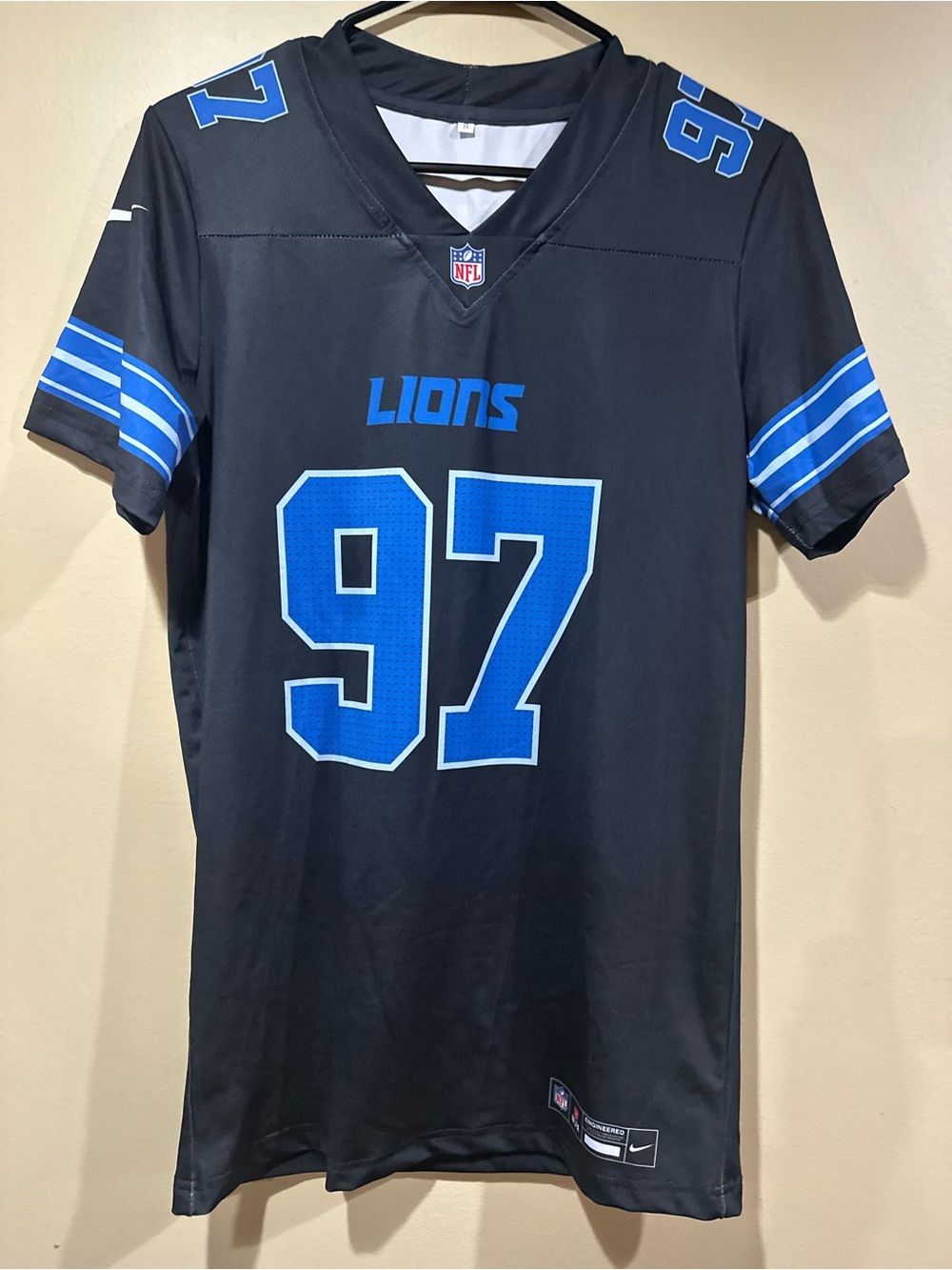 Women’s Detroit Lions #97 Black and Blue Football shirt (jersey style)